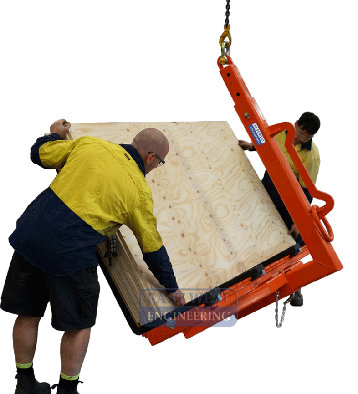 CHW150 Wide Load Pallet Hook - timber sheet load inverted  in workshop