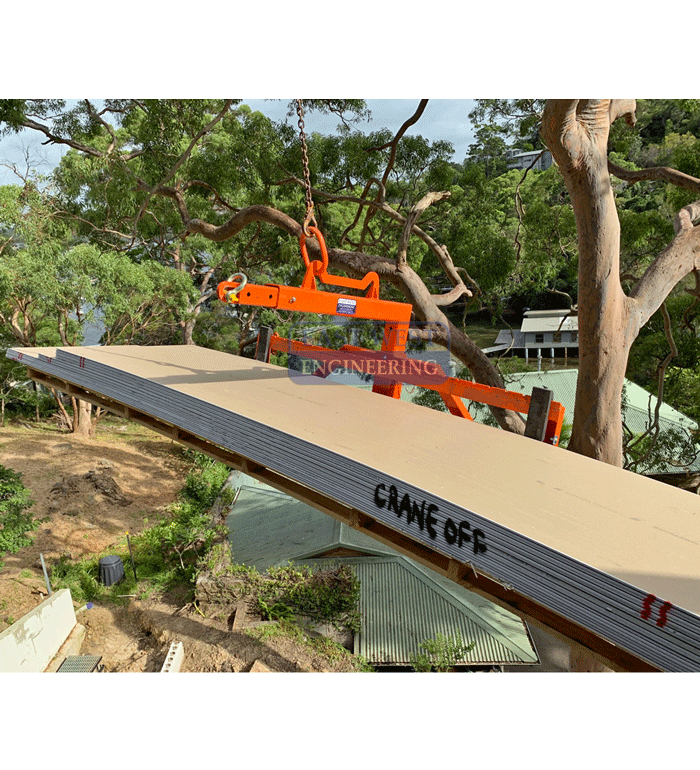 CHW150 Wide Load Pallet Hook - loaded with gyprock sheet for building construction lifted by crane
