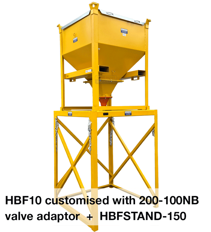 HBF Hopper Bin with custom 200-100NB valve + HBFSTAND-150 raised stand for extra height clearance