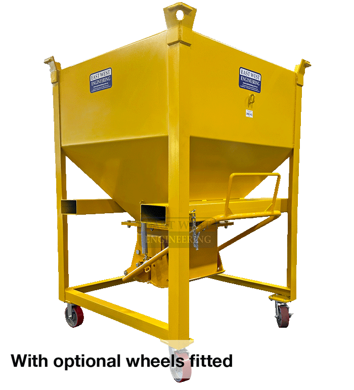 HBF10 Mobile Hopper Bin 1cu.m with clamshell gate + wheels
