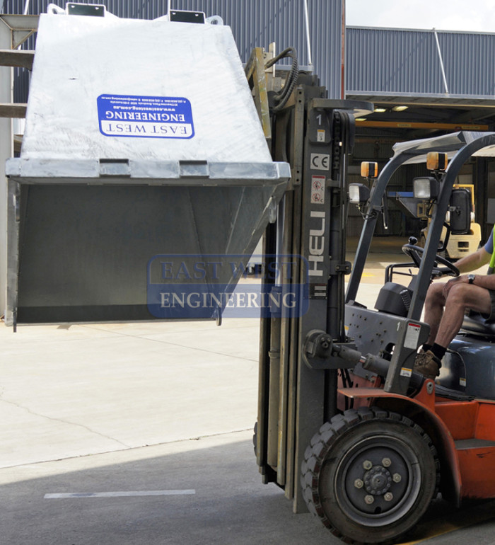 WCB / WCH Heavy Duty Crane Bin tipped by a forklift with rotator fitted